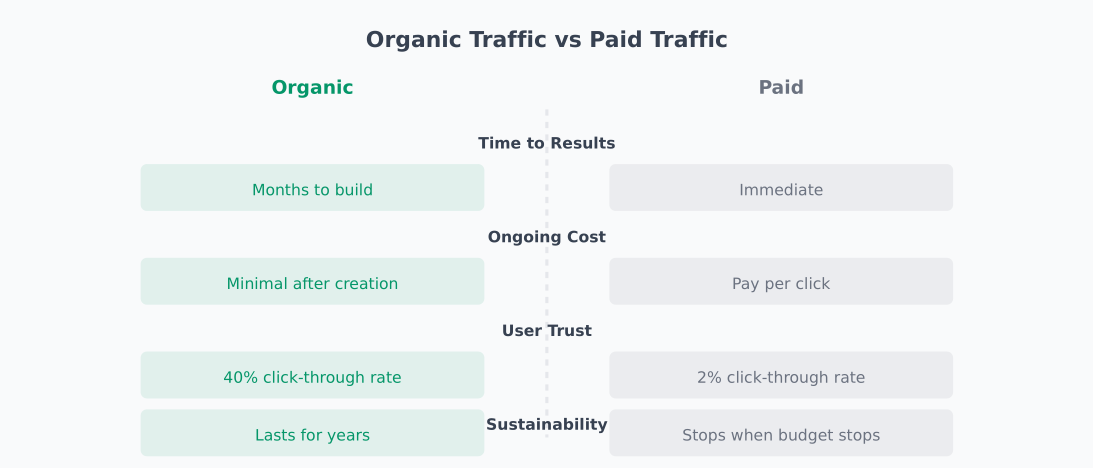 Comparison of organic and paid traffic: time, cost, trust, and sustainability