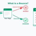 Diagram explaining bounce rate: visitor lands on page, leaves without interaction equals a bounce