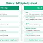 Comparison chart showing differences between Matomo self-hosted and cloud versions across cost, data ownership, setup, features, and maintenance
