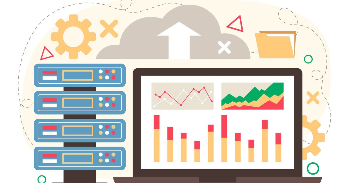 Flat illustration of a cloud server processing analytics charts, representing server-side tracking