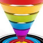 3D conversion funnel narrowing toward a target, illustrating funnel analysis stages