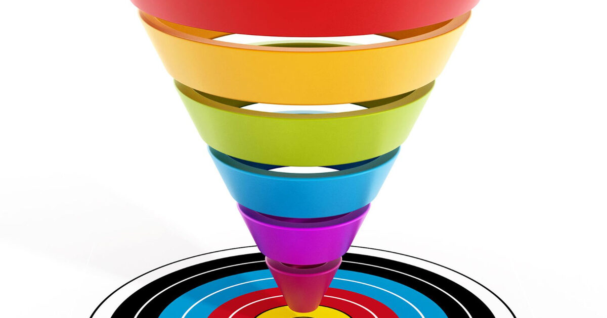 3D conversion funnel narrowing toward a target, illustrating funnel analysis stages